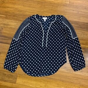 LOFT Navy White Geometric Print Split‎ Neck Long Sleeve Blouse Womens Size XS